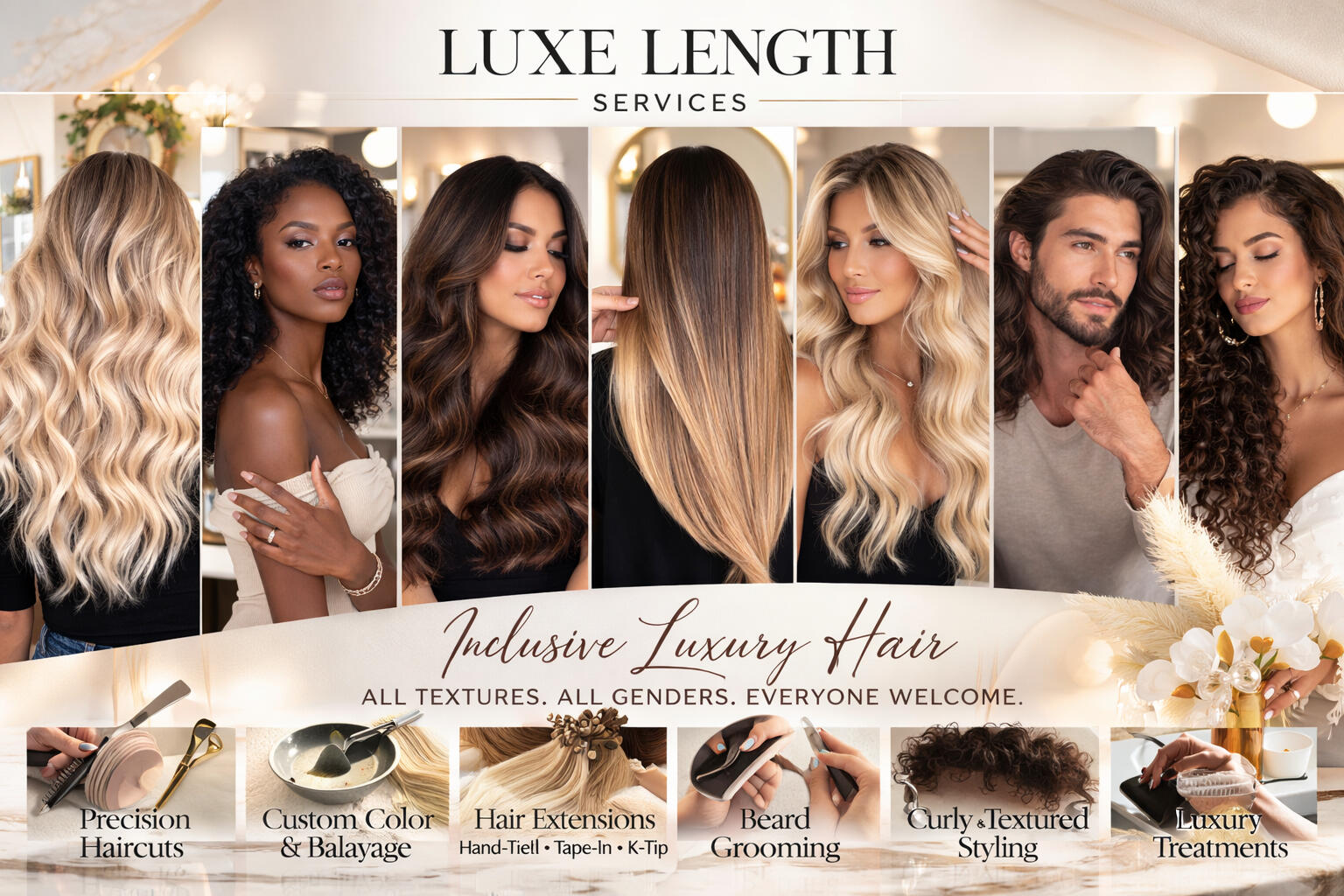 Portrait representing Luxe Length Extensions luxury hair extension brand and professional styling services